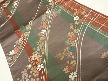 平和屋着物◎六通柄袋帯 唐織 花蝶文 金糸 正絹 逸品 AABC4521yx