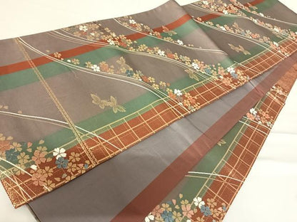平和屋着物◎六通柄袋帯 唐織 花蝶文 金糸 正絹 逸品 AABC4521yx