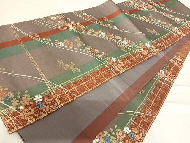 平和屋着物◎六通柄袋帯 唐織 花蝶文 金糸 正絹 逸品 AABC4521yx