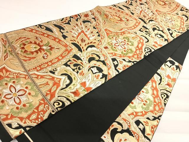 平和屋着物◎六通柄袋帯 唐織 更紗花文 黒地 金糸 正絹 逸品 AABC4526yx