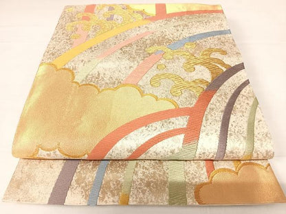 平和屋着物◎六通柄袋帯 唐織 立波文 金糸 正絹 逸品 AABC4535yx