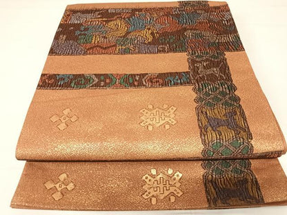 平和屋着物◎六通柄袋帯 宝祥錦 工頭騎馬文 金糸 正絹 逸品 AABC4554yx