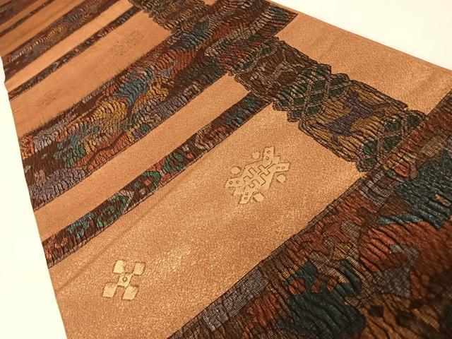 平和屋着物◎六通柄袋帯 宝祥錦 工頭騎馬文 金糸 正絹 逸品 AABC4554yx