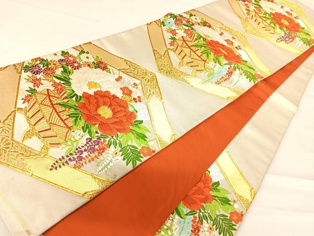 平和屋着物◎六通柄袋帯 唐織 飾花文 金糸 正絹 逸品 AABC4597yx
