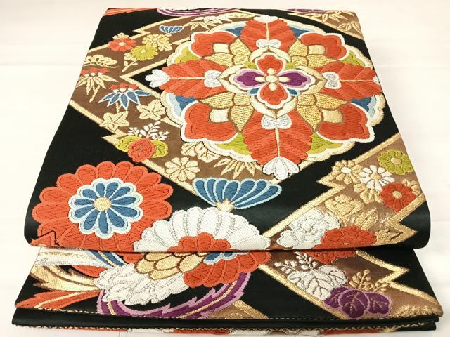 平和屋着物◎六通柄袋帯 唐織 松皮菱花文 黒地 金銀糸 正絹 逸品 AABC4598yx