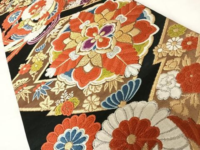 平和屋着物◎六通柄袋帯 唐織 松皮菱花文 黒地 金銀糸 正絹 逸品 AABC4598yx