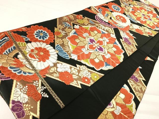 平和屋着物◎六通柄袋帯 唐織 松皮菱花文 黒地 金銀糸 正絹 逸品 AABC4598yx