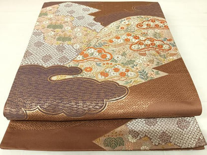 平和屋着物◎六通柄袋帯　唐織　雲取り花文　金糸　正絹　逸品　AABC4602yx