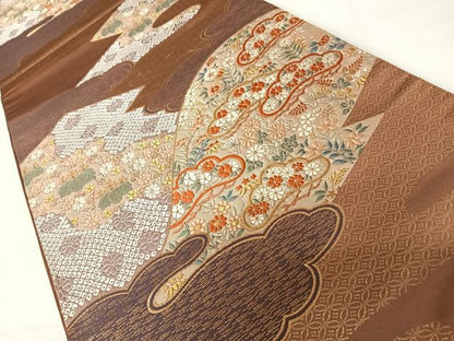 平和屋着物◎六通柄袋帯　唐織　雲取り花文　金糸　正絹　逸品　AABC4602yx