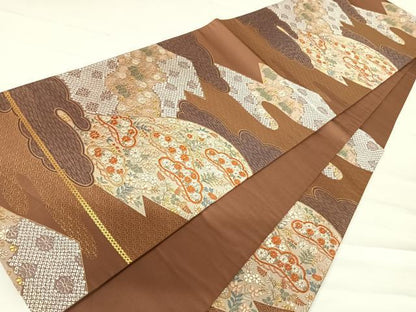 平和屋着物◎六通柄袋帯　唐織　雲取り花文　金糸　正絹　逸品　AABC4602yx