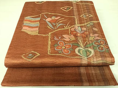 平和屋着物◎六通柄袋帯　更紗花文　金通し地　正絹　逸品　AABC4610yx