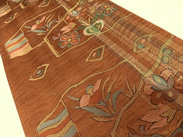 平和屋着物◎六通柄袋帯　更紗花文　金通し地　正絹　逸品　AABC4610yx