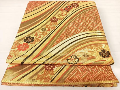 平和屋着物◎佐賀錦　全通柄袋帯　流水花文　金糸　正絹　逸品　AABC4611yx