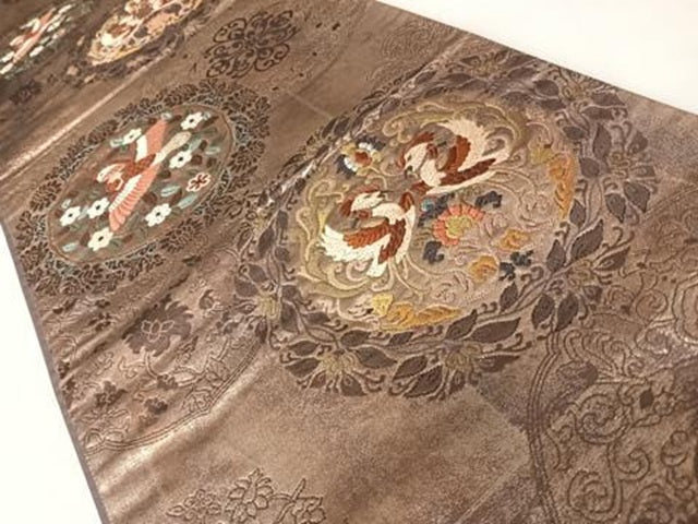 平和屋着物◎六通柄袋帯 唐織 更紗花鳥文 金糸 正絹 逸品 AABC4623yx