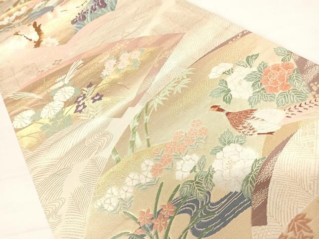 平和屋着物◎六通柄袋帯　唐織　地紙花鳥文　雉　金糸　正絹　逸品　AABC4637yx