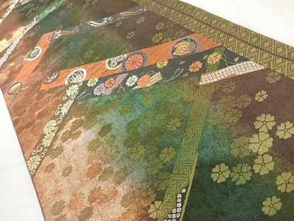 平和屋着物◎全通柄袋帯　唐織　吉祥花蝶文　金糸　正絹　逸品　AABC4655yx