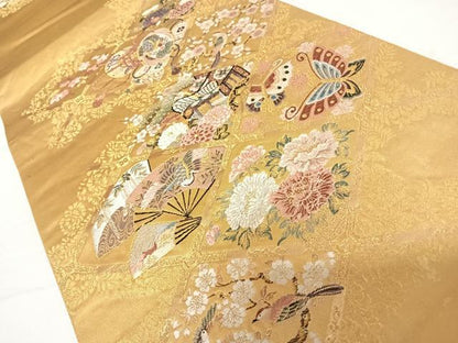 平和屋着物◎六通柄袋帯　唐織　舞蝶花鳥文　金糸　鈴乃屋扱い　正絹　逸品　AABC4658yx