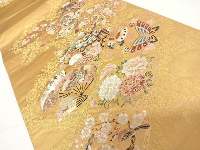 平和屋着物◎六通柄袋帯　唐織　舞蝶花鳥文　金糸　鈴乃屋扱い　正絹　逸品　AABC4658yx