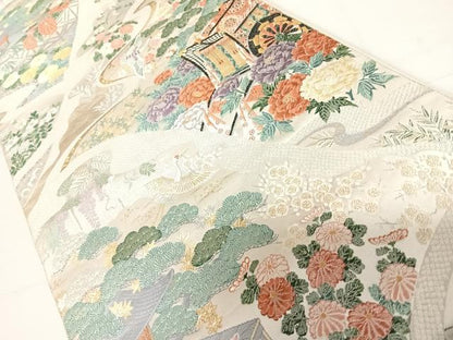 平和屋着物◎六通柄袋帯　唐織　飛鶴風景花文　金糸　正絹　逸品　AABC4662yx