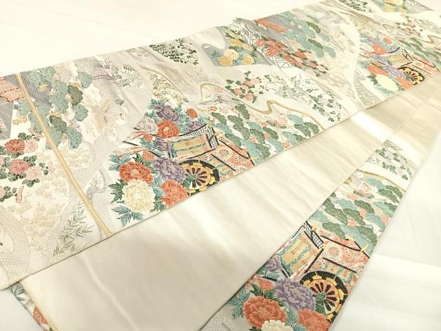 平和屋着物◎六通柄袋帯　唐織　飛鶴風景花文　金糸　正絹　逸品　AABC4662yx