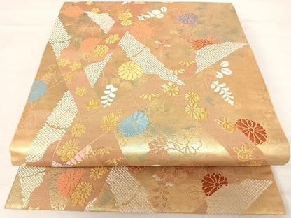 平和屋着物◎六通柄袋帯　竹垣花文　金糸　引箔　正絹　逸品　AABC4667yx