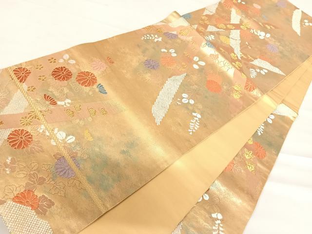 平和屋着物◎六通柄袋帯　竹垣花文　金糸　引箔　正絹　逸品　AABC4667yx