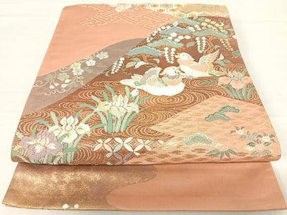 平和屋着物◎六通柄袋帯　鴛鴦吉祥花文　金糸　正絹　逸品　AABC4668yx