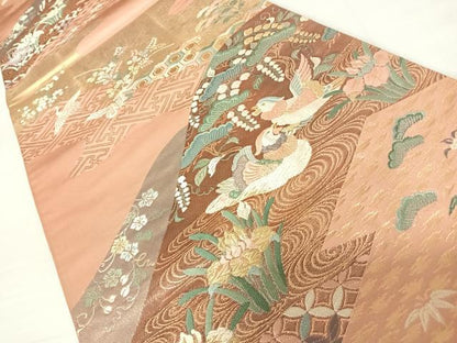 平和屋着物◎六通柄袋帯　鴛鴦吉祥花文　金糸　正絹　逸品　AABC4668yx