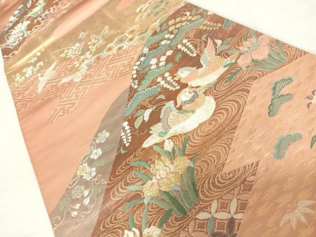 平和屋着物◎六通柄袋帯　鴛鴦吉祥花文　金糸　正絹　逸品　AABC4668yx