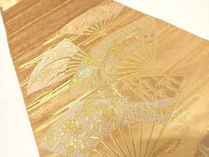 平和屋着物◎六通柄袋帯　扇面花文　金糸　正絹　逸品　AABC4669yx