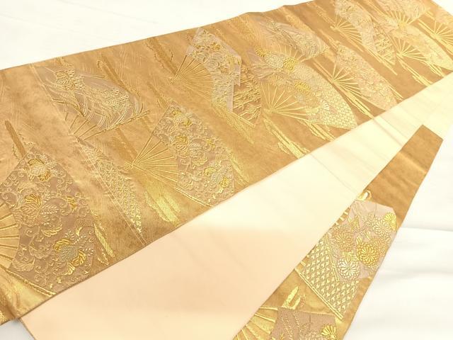 平和屋着物◎六通柄袋帯　扇面花文　金糸　正絹　逸品　AABC4669yx