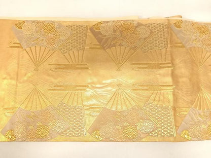 平和屋着物◎六通柄袋帯　扇面花文　金糸　正絹　逸品　AABC4669yx