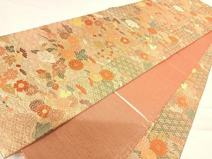平和屋着物◎六通柄袋帯　草花文　金糸　正絹　逸品　AABC4678yx