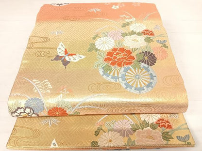 平和屋着物◎佐賀錦　六通柄袋帯　唐織　舞蝶花車文　金糸　正絹　逸品　AABC4682yx