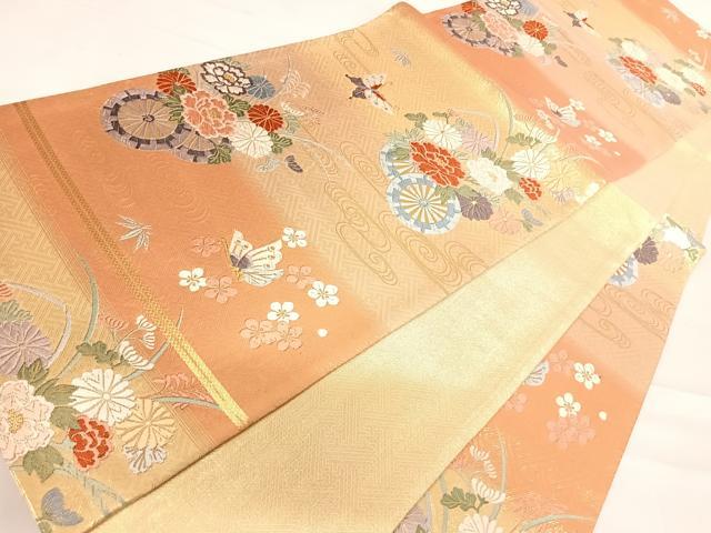 平和屋着物◎佐賀錦　六通柄袋帯　唐織　舞蝶花車文　金糸　正絹　逸品　AABC4682yx