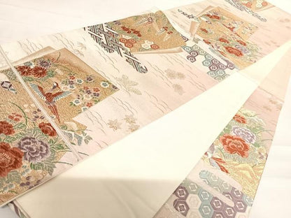 平和屋着物◎六通柄袋帯　唐織　色紙花鳥文　金銀糸　正絹　逸品　AABC4701yx
