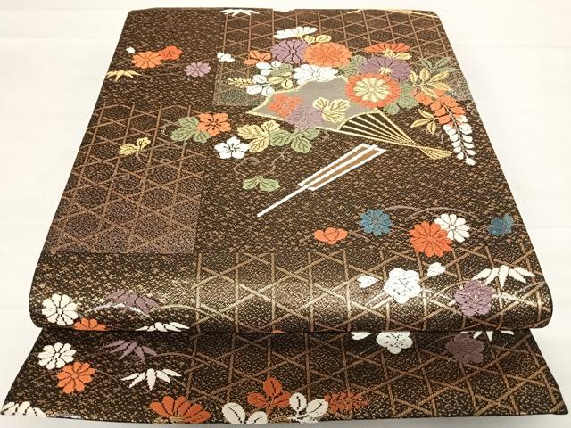 平和屋着物◎六通柄袋帯　扇面草花文　黒地　金銀糸　正絹　逸品　AABC4708yx