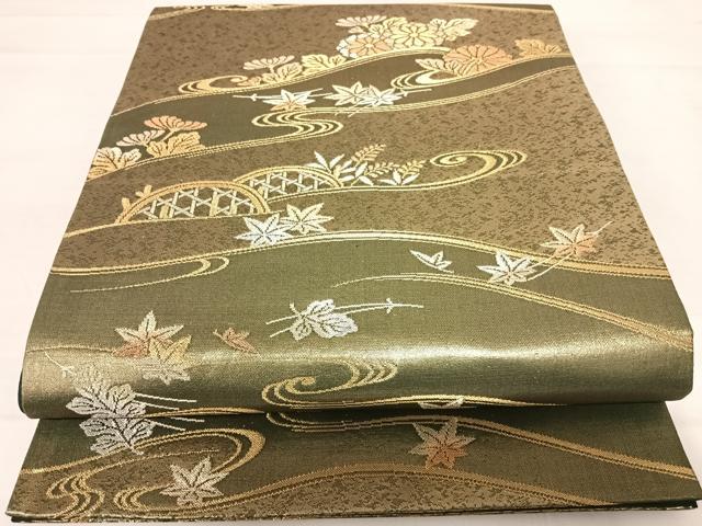 平和屋着物◎六通柄袋帯　流水花文　金銀糸　正絹　逸品　AABC4736yx