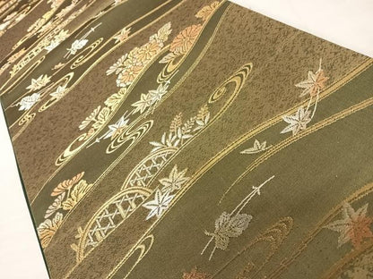 平和屋着物◎六通柄袋帯　流水花文　金銀糸　正絹　逸品　AABC4736yx