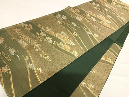 平和屋着物◎六通柄袋帯　流水花文　金銀糸　正絹　逸品　AABC4736yx