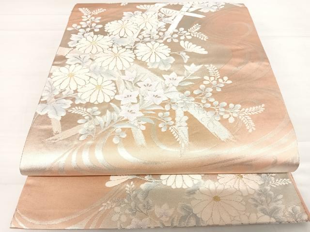 平和屋着物◎六通柄袋帯　流水花文　金銀糸　正絹　逸品　AABC4745yx