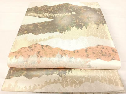 平和屋着物◎六通柄袋帯　遠山風景シルエット　金銀糸　引箔　正絹　逸品　AABC4772yx