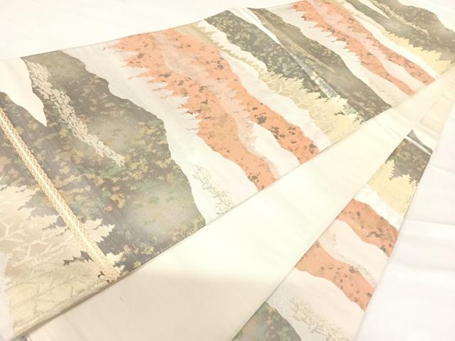 平和屋着物◎六通柄袋帯　遠山風景シルエット　金銀糸　引箔　正絹　逸品　AABC4772yx