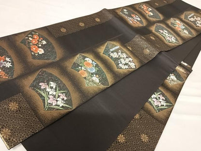 平和屋着物◎六通柄袋帯　唐織　地紙花文　金糸　正絹　逸品　AABC4785yx