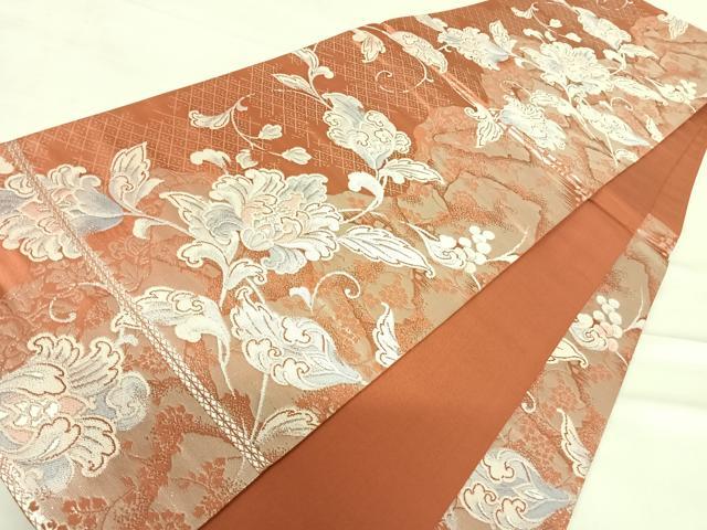 平和屋着物◎六通柄袋帯 更紗花文 銀糸 正絹 逸品 AABC4787yx