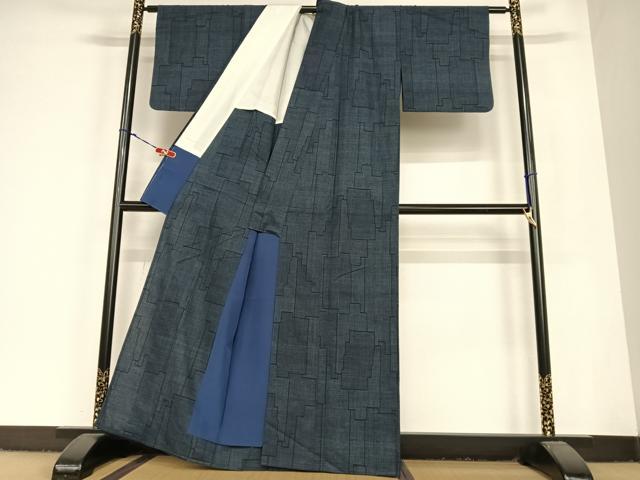 平和屋着物▽綿薩摩 東郷織物謹製 手織 160亀甲 實篤 永江明夫 単衣 160亀甲 幾何学文様 正絹 逸品 AABC4808zg