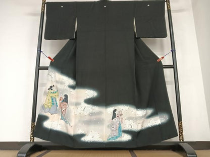 平和屋着物●豪華黒留袖 手描き 人物文 舞桜 暈し染め 正絹 逸品 AABC4821zg