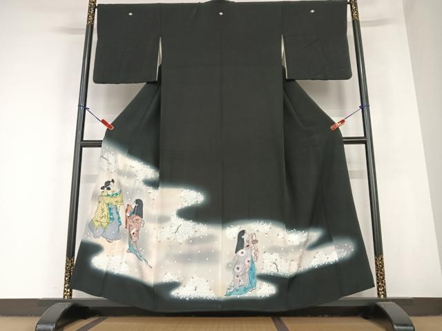 平和屋着物●豪華黒留袖 手描き 人物文 舞桜 暈し染め 正絹 逸品 AABC4821zg