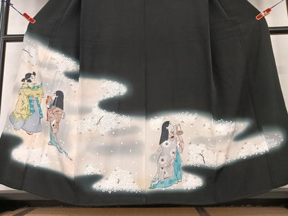 平和屋着物●豪華黒留袖 手描き 人物文 舞桜 暈し染め 正絹 逸品 AABC4821zg
