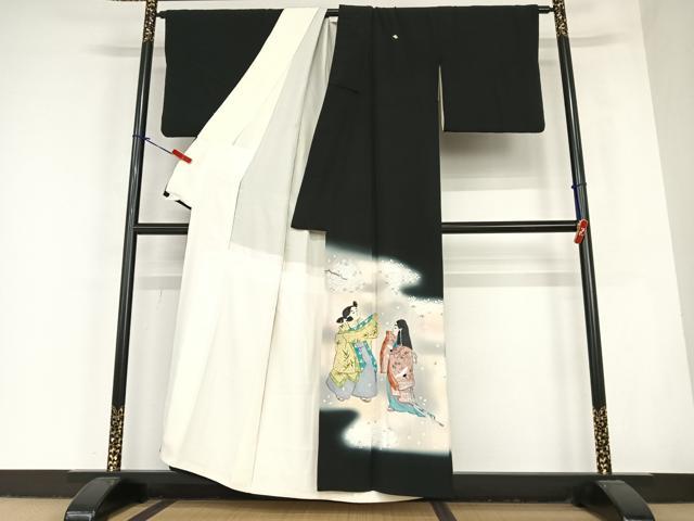 平和屋着物●豪華黒留袖 手描き 人物文 舞桜 暈し染め 正絹 逸品 AABC4821zg